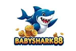 โลโก้ BabyShark88 รูปฉลามสีฟ้าถือเหรียญทอง สื่อถึงเว็บสล็อตแตกง่าย ฝากถอนออโต้ เล่นได้จริง