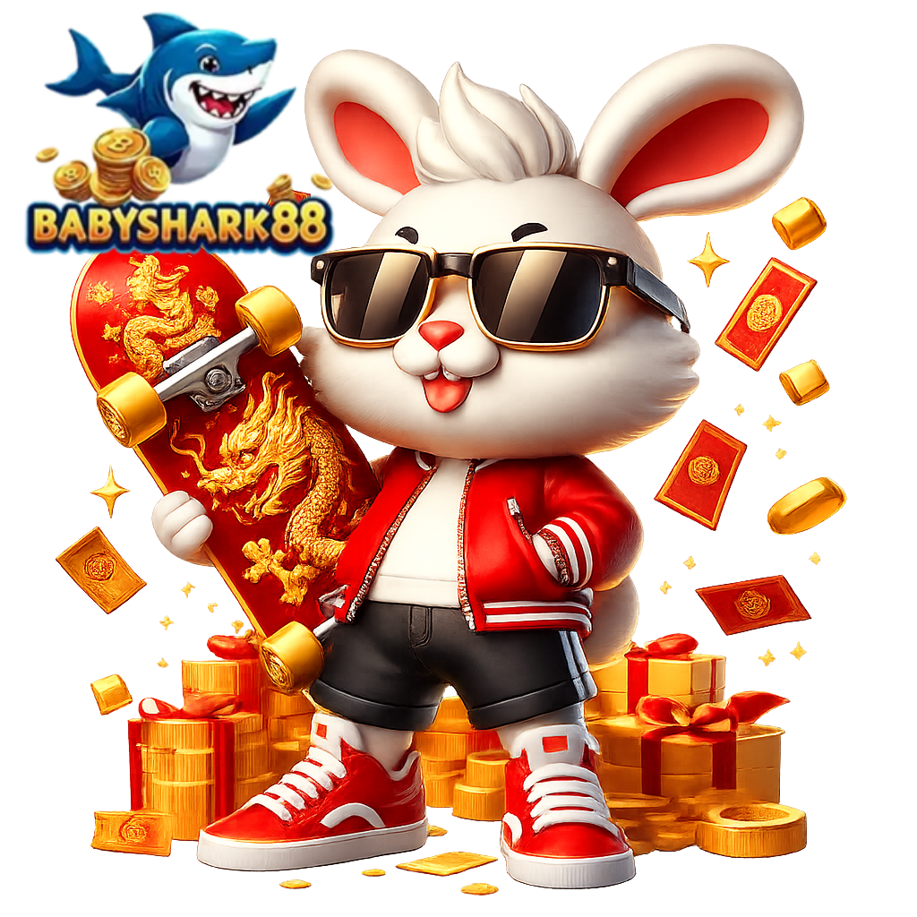 การ์ตูนกระต่ายใส่แว่นถือสเก็ตบอร์ด รายล้อมด้วยเหรียญทอง โปรสล็อตแตกง่าย เว็บ babyshark88